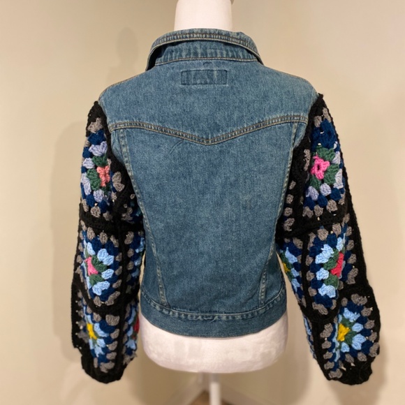 Upcycled Roxy Denim Jacket — Size M, Crochet Granny-Square Sleeves - Picture 3 of 7